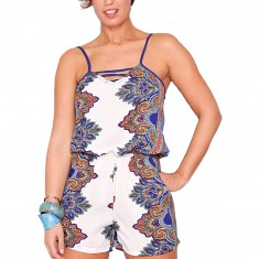 White & Blue Arabesque Blouson Romper