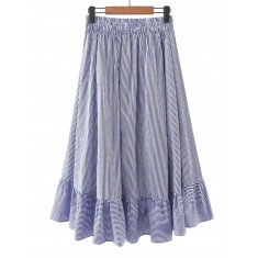 Blue Vertical Striped Elastic Waist Frill Hem Skirt
