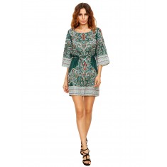 Green Tribal Print Self Tie Dress