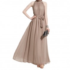 Khaki/Beige Long High Neck Chiffon Dress