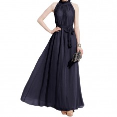 Navy Long High Neck Chiffon Dress