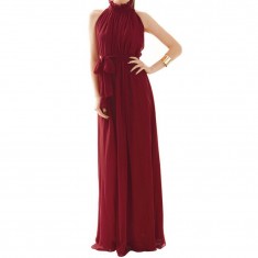 Purplish Red Long High Neck Chiffon Dress