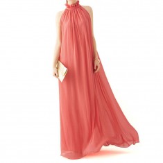 Watermelon Red Long High Neck Chiffon Dress