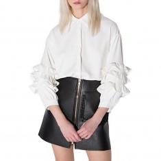 White 3/4 Sleeve Frill Ruffle Button-Down Blouse