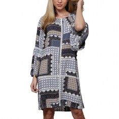 White & Blue Patchwork Bell-Sleeve Dress