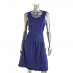 Blue Textured Fit & Flare Knit Dress