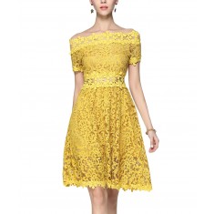 Yellow Lace Sheer-Waist Off-Shoulder Dress