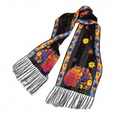 Black Flowering Feline & Friend Fringe Silk Scarf