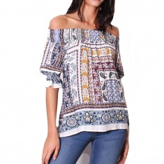 White & Blue Paisley Off-Shoulder Top