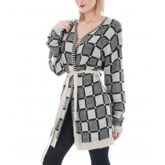 Black & Khaki Geometric Tie-Waist Cardigan