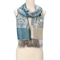 Aqua & Gray Floral Fringe Cashmere-Silk Blend Scarf