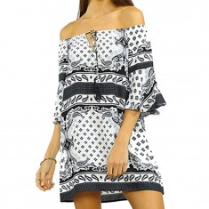 White & Black Paisley Off-Shoulder Dress