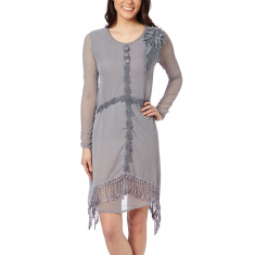 Grey Fringe Silk-Blend Sidetail Dress