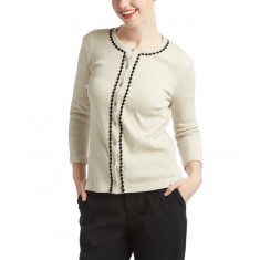 Beige Waffle-Knit Rosette-Trim Cardigan