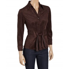 Brown Faux Suede Knot-Front Button-Up Top