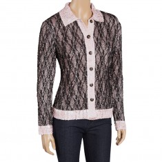 Gloss Pink & Black Lace Pucker Button-Up