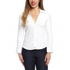 White Embossed Long-Sleeve Zip-Up Top