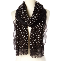 Black Lace-Trim Polka Dot Scarf