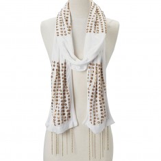 Cream Studded Chain-Fringe Scarf
