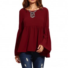 Burgundy Bell Sleeve Babydoll Blouse