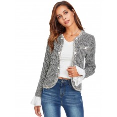 Grey Contrast Ruffle Cuff Curved Tweed Blazer