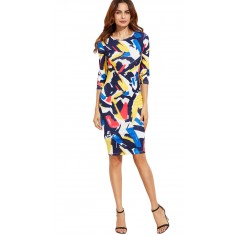 Multicolor Brush Stroke Print Pencil Dress