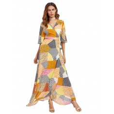 Patchwork Print Surplice Wrap Dress