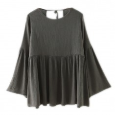 Khaki V-Cut Back Fluted Sleeve Babydoll Blouse