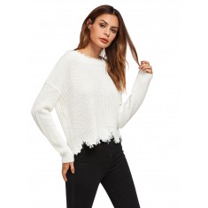 White Low Back Scallop Raw Edge Jumper