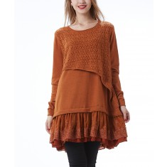 Rust Asymmetrical Crochet Lace-Layered Tunic
