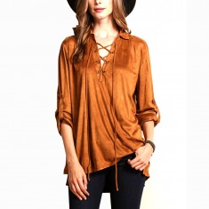 Camel Lace-Up Tassel Top