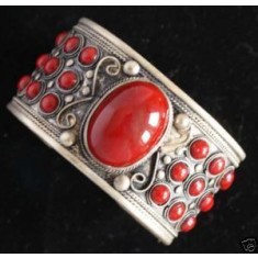 Red Tibet Coral Silver Cuff Bracelet
