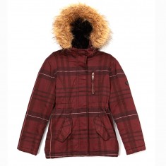 Dark Red Plaid Faux Fur Hooded Coat 