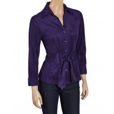 Purple Faux Suede Knot-Front Button-Up Top