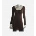 Brown Ruched Long Sleeves Scoop Neck Tunic Top