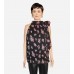 Floral Print Pleated Trapeze Top With Tie Neck