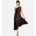Tadashi Shoji Navy Sheer Pintucked One Shoulder Semi-Formal Dress